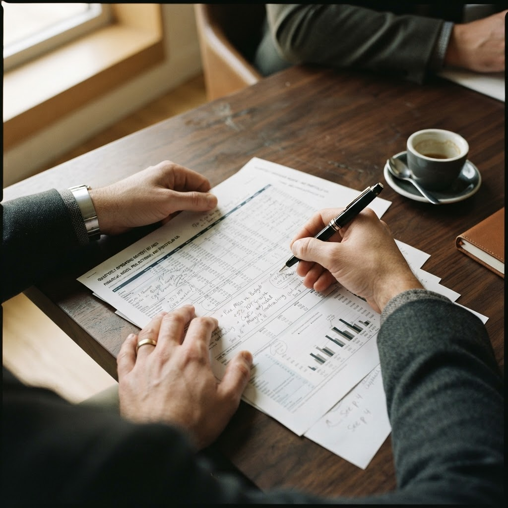 Investment professional reviewing an annotated operating report and financial model